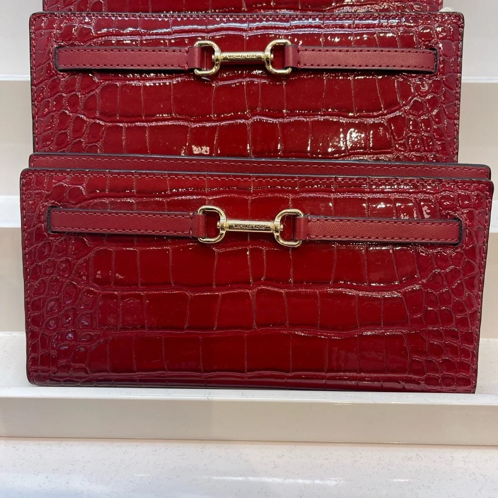 MICHAEL KORS Carson Large Snap Crocodile Embossed Bifold Wallet Cherry  NWT